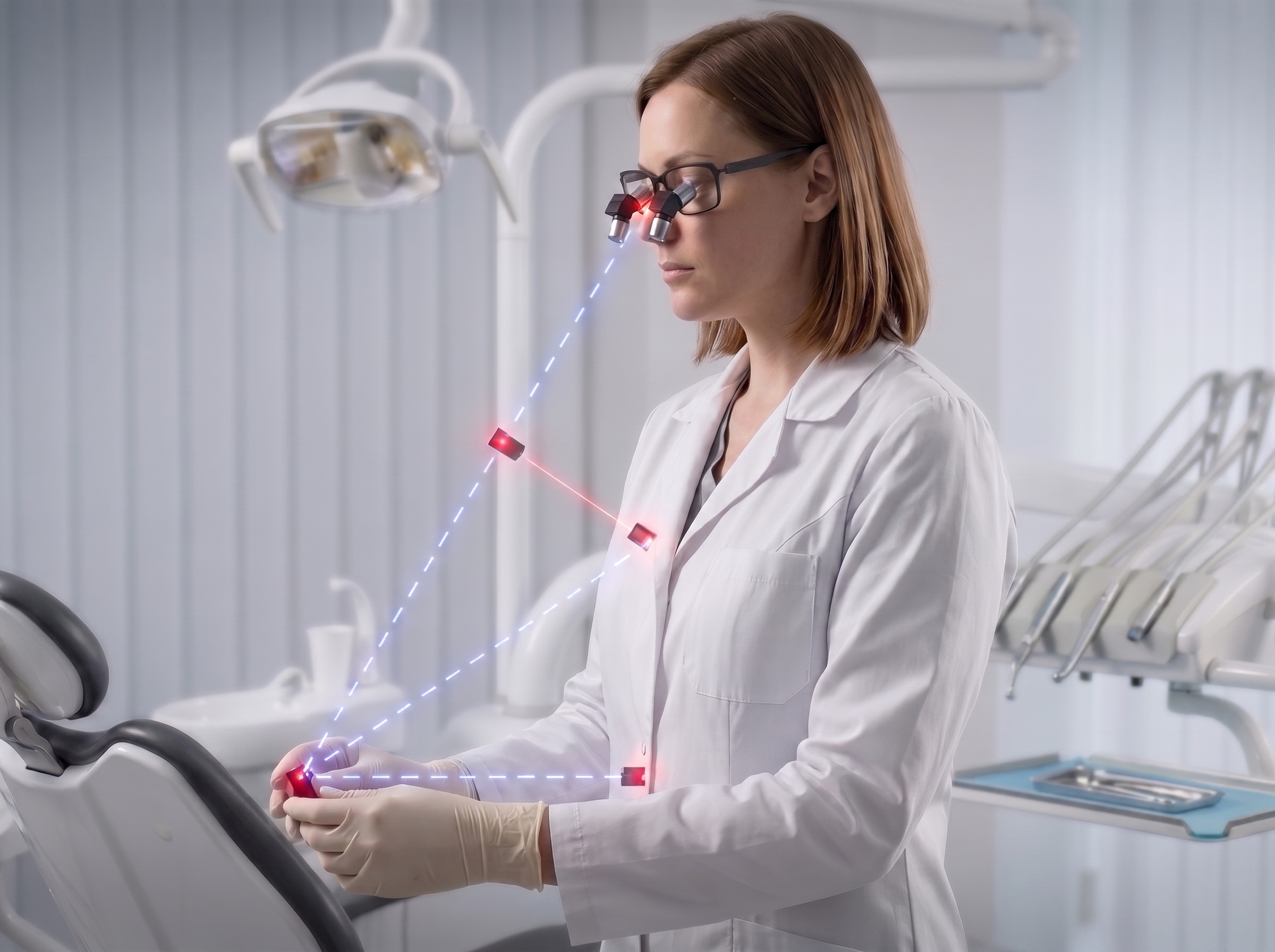 Dentista usando lupa em postura ereta durante procedimento